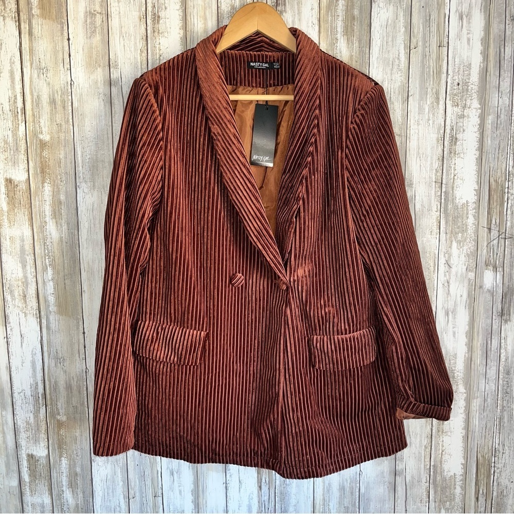 NWT Nasty Gal Striped Ribbed Velvet Say It Blazer Women 10 Button Pockets Lined - Picture 2 of 9